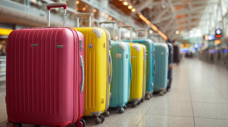 A vibrant row of suitcases in various colors lines a busy airport terminal ready for adventure.の素材