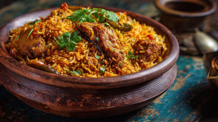 A delicious bowl of chicken biryani garnished with herbs sits on an old wooden table inviting hungry diners.の素材