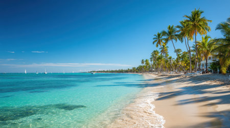 Soft waves lap at the shore of a serene tropical beach. Lush palm trees line the coastline under a bright blue sky, creating a perfect paradise for relaxation and enjoyment.の素材
