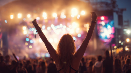 Excited fans raise their arms and cheer at an outdoor concert as colorful lights shine brightly.の素材