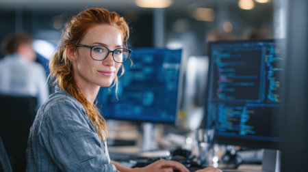 A confident woman works diligently at her desk coding on several screens in a bright office.の素材