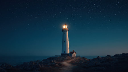 A tall lighthouse shines its light brightly on a clear night. Stars cover the sky while waves gently crash on nearby rocks, creating a peaceful coastal scene.の素材
