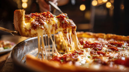A person serves a slice of piping hot pizza with stretchy cheese and savory toppings creating a mouthwatering scene.の素材