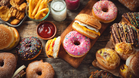 A variety of tasty treats are displayed on a rustic wooden table, featuring brightly frosted donuts, savory burgers, crispy fries, and refreshing beverages.の素材