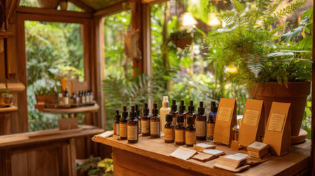 A tranquil apothecary filled with natural wellness products amidst vibrant greenery.の素材