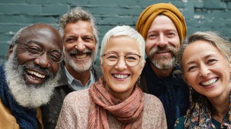 Five friends share laughter and happiness in a vibrant city backdrop embracing friendship and joy.の素材