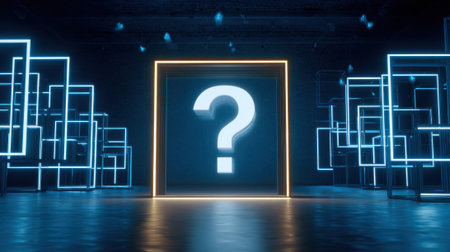 A bright question mark surrounded by glowing shapes invites curiosity in a dark high tech setting.の素材