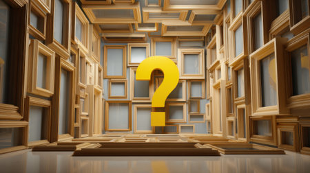 A vibrant yellow question mark stands out in a room surrounded by empty wooden frames sparkling creativity.の素材