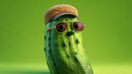 A cool cucumber with sunglasses and a cap stands proudly against a bright green background.の素材
