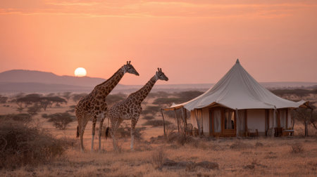 Two tall giraffes stand gracefully by a safari tent as the sun sets in the savannah creating a serene scene.の素材
