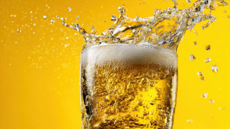 A glass of cold beer overflows with golden liquid creating splashes against a bright yellow background.の素材