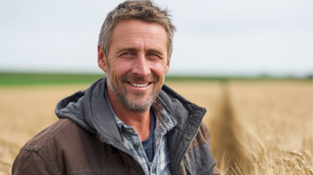 A joyful farmer enjoys the moment in his field of ripe wheat celebrating the harvest season and nature.の素材