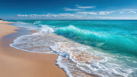 Gentle waves roll onto a sandy beach bathed in sunlight. The vibrant turquoise water contrasts beautifully with the clear sky and fluffy clouds, creating a serene atmosphere.の素材