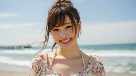 A young woman stands on a sandy beach, smiling brightly under the sun. Waves crash softly in the background, creating a peaceful seaside vibe during the day.の素材