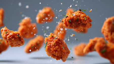 Golden fried chicken pieces float above a clean surface each coated in crispy crumbs and herbs.の素材