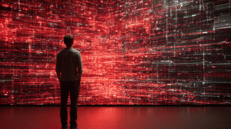 A person stands in front of a stunning red digital display in an art gallery at dusk.の素材
