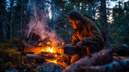Person cooks over a glowing campfire in the quiet woods as dusk settles in surrounded by nature.の素材