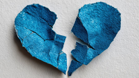 A blue paper heart is torn in two pieces against a plain background, symbolizing feelings of sadness and heartbreak. The texture of the paper adds depth to the emotional expression.の素材