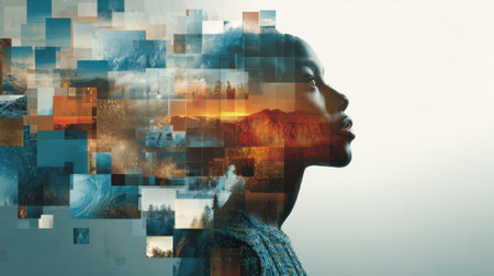 A thoughtful woman gazes into the distance as layered nature scenes unfold around her symbolizing creativity.の素材