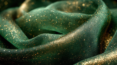 Soft green fabric shimmers with golden sparkles creating a magical and inviting atmosphere.の素材