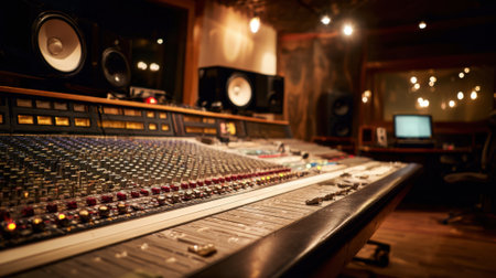 Sound mixing console sits in a cozy recording studio filled with warm lights perfect for creativity.の素材