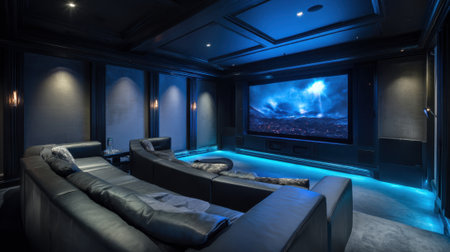 A sleek home theater features dark walls and ambient blue lighting creating a perfect movie atmosphere.の素材