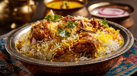 Aromatic biryani topped with tender chicken and fresh herbs highlighting vibrant colors and flavors.の素材