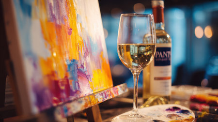 Artists enjoy a relaxing night sipping wine while creating colorful artwork in a lively studio setting.の素材