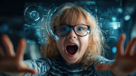 Young child with glasses joyfully reaches out amazed by vibrant digital visuals around them.の素材