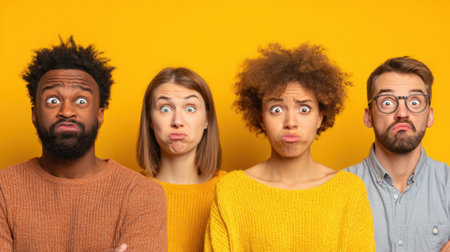 Four individuals display various emotions of surprise and confusion against a bright yellow backdrop.の素材