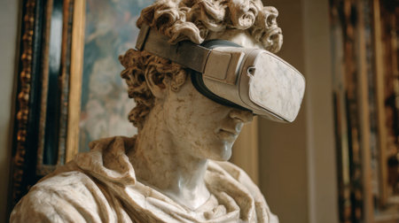 A detailed sculpture adorns a museum embracing technology with a virtual reality headset.の素材