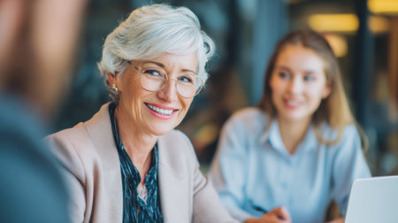 Two confident women engage in a lively discussion smiling and exchanging ideas in a bright office.の素材