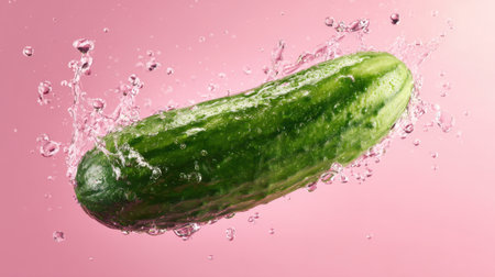 A vibrant cucumber leaps through splashing water highlighting its freshness and the playful pink backdrop.の素材