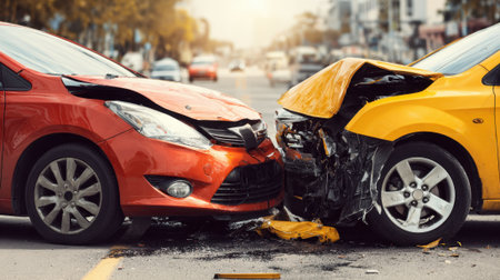 Two vehicles collide head-on on a city street in the late afternoon. The red car has a crumpled front end, while the yellow car shows severe damage. Bystanders observe the scene.の素材
