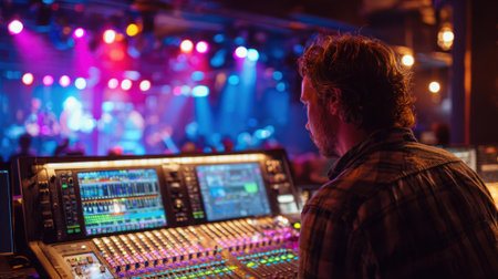 A sound engineer mixes audio levels while a band performs on stage surrounded by colorful lights.の素材