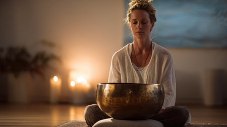 A woman sits cross legged in a peaceful room focusing on her singing bowl amidst calming candles.の素材