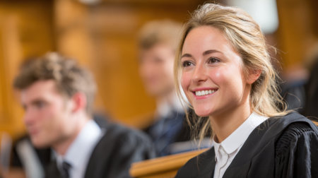 Smiling student sits among peers celebrating graduation in a historic courtroom atmosphere filled with joy.の素材