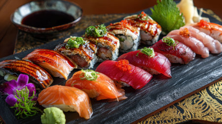 A beautifully arranged platter displays various sushi featuring fresh fish and colorful toppings.の素材