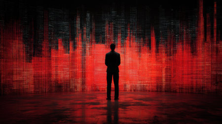 A person stands in awe as vibrant red lights create a stunning digital backdrop in a dark room.の素材