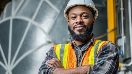 A worker poses confidently with arms crossed wearing bright safety gear and a hard hat.の素材