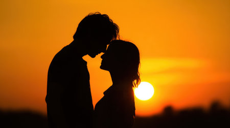 Two people lean in for a kiss as the sun sets on the horizon. The warm colors of the sky create a beautiful backdrop for this intimate moment.の素材