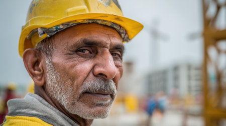Senior construction workers oversee busy site with tall buildings and fellow workers in background.の素材