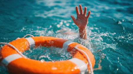 A person struggling in water reaches for an orange lifesaver ring, creating a sense of urgency and need for rescue in a bright blue setting.の素材