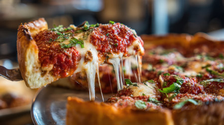 A mouthwatering piece of pizza is being served showing melted cheese and rich sauce.の素材