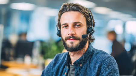 A man with a beard and headset provides assistance in a modern office filled with soft light.の素材