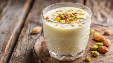 A creamy drink topped with nuts and spices rests on a wooden surface inviting enjoyment.の素材