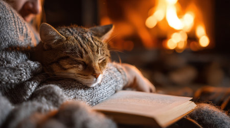 A person cuddles a sleeping cat in their arms, enjoying a peaceful winter afternoon by a warm fireplace. A book rests open on their lap, adding to the serene atmosphere.の素材