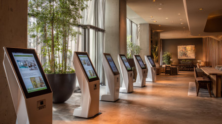 Visitors explore interactive kiosks in a contemporary hotel lobby filled with natural light.の素材