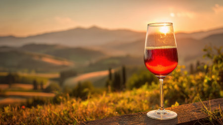 A glass filled with a vibrant red drink glimmers in the golden sunset overlooking lush hills.の素材