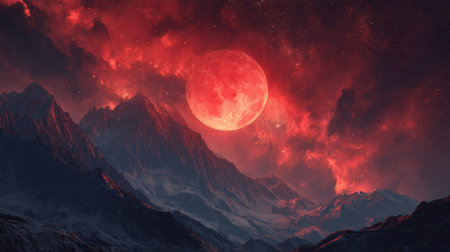 Breathtaking mountains rise in shadow as a massive red moon illuminates the twilight sky.の素材